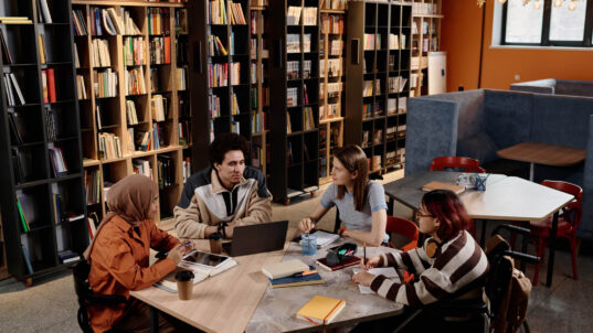 A group of diverse students, including a mixed race male, a white female, a female in a hijab, and a female in a wheelchair, having a discussion or conversation while working together in the library